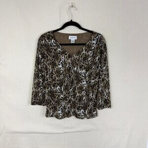 Vintage Alfani Womens Leopard Print V-Neck 3/4 Sleeve Blouse Brown Tan Large